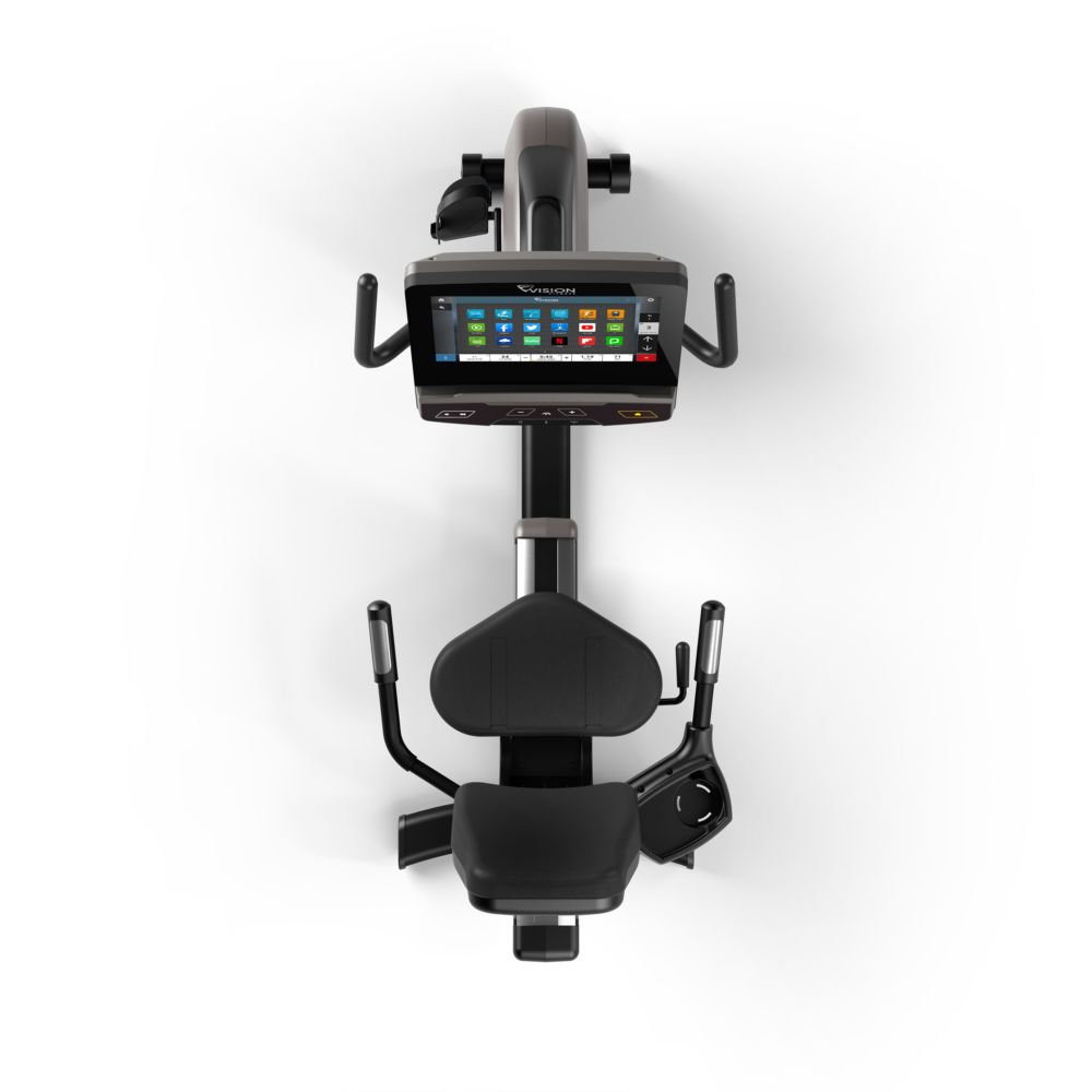 Bovenaanzicht van hometrainer met digitaal display. Zwart zadel en rugleuning. Grijs frame. VISION-logo.