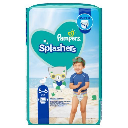 Paquet de Pampers Splashers. Enfant en maillot de bain. Texte : 5-6, 14+ kg, 10 pièces. Logo : 360° FIT. Chien de dessin animé.
