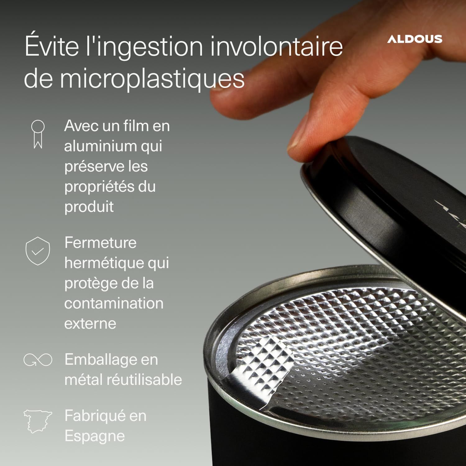 Boîte noire avec scellage en aluminium et emballage métallique réutilisable. Fabriqué en Espagne.