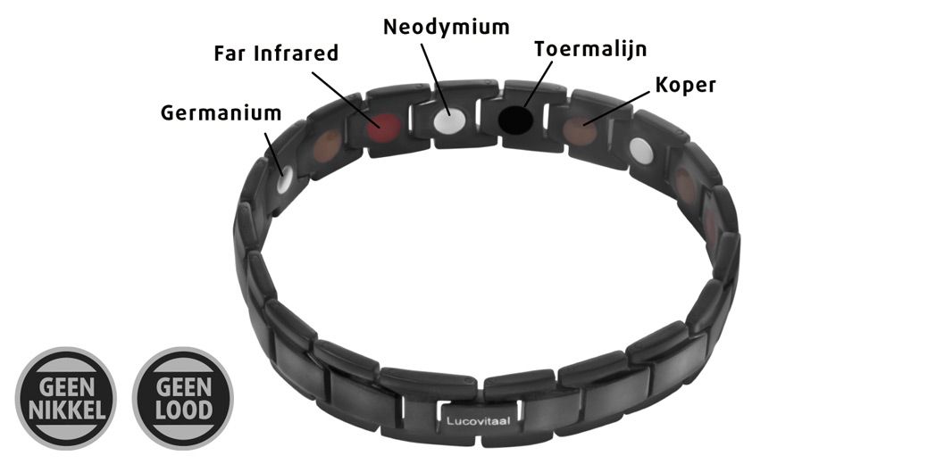 Zwart magnetisch armband met verschillende elementen. Opschriften: Geen Nikkel, Geen Lood.