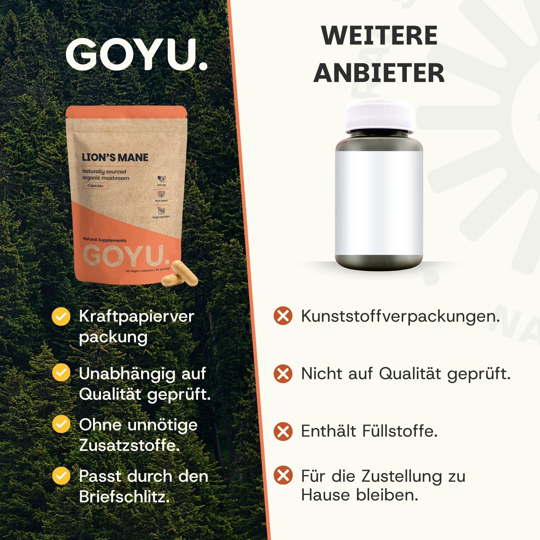 Verpakking met Lion's Mane capsules, 500 mg biologische Lion's Mane, uit vruchtlichaam, zonder kunstmatige toevoegingen, vegane capsules.