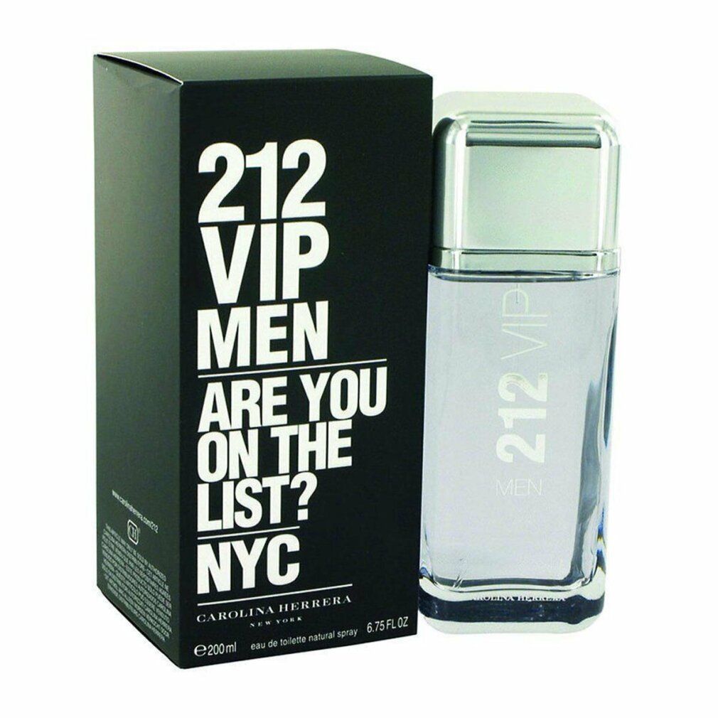 Flacon et emballage. Inscription : 212 VIP MEN, ARE YOU ON THE LIST? NYC, CAROLINA HERRERA. Emballage noir.