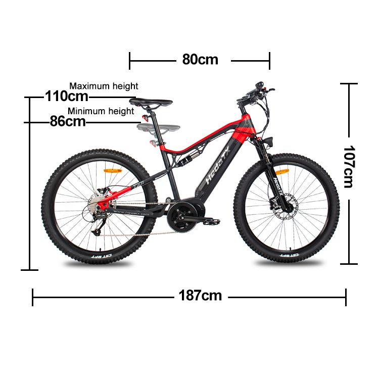 VTT électrique avec dimensions. Longueur totale 187cm, hauteur 107cm, largeur guidon 80cm. Hauteur selle 86-110cm.