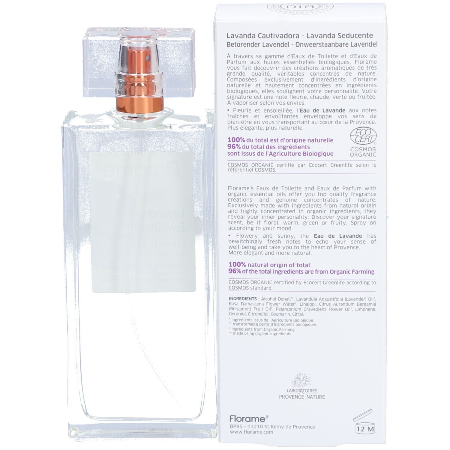 Flacon transparent avec informations produit et texte. Inscription : Lavande Cautivadora, certification Bio.