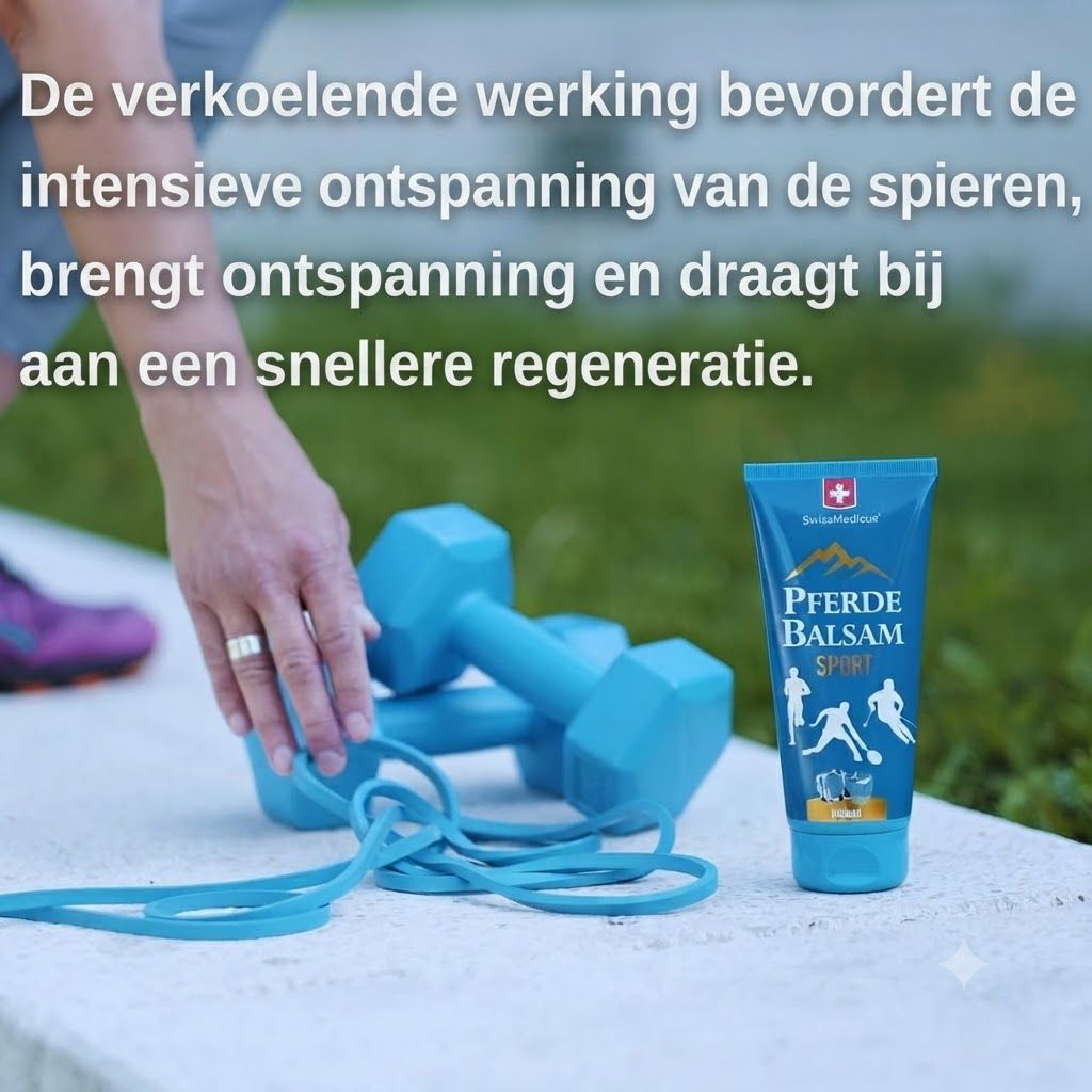 Tube paardenbalsem Sport met Zwitsers kruis, naast blauwe dumbbells en een springtouw.
