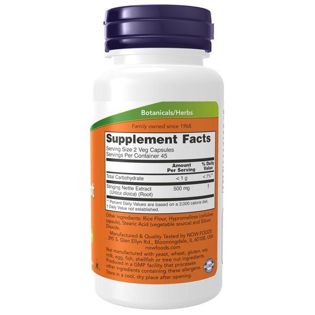 Now Foods Extrait de Racine d'Ortie 250 mg. Informations nutritionnelles: 500 mg d'extrait de racine d'ortie par portion. 90 gélules.