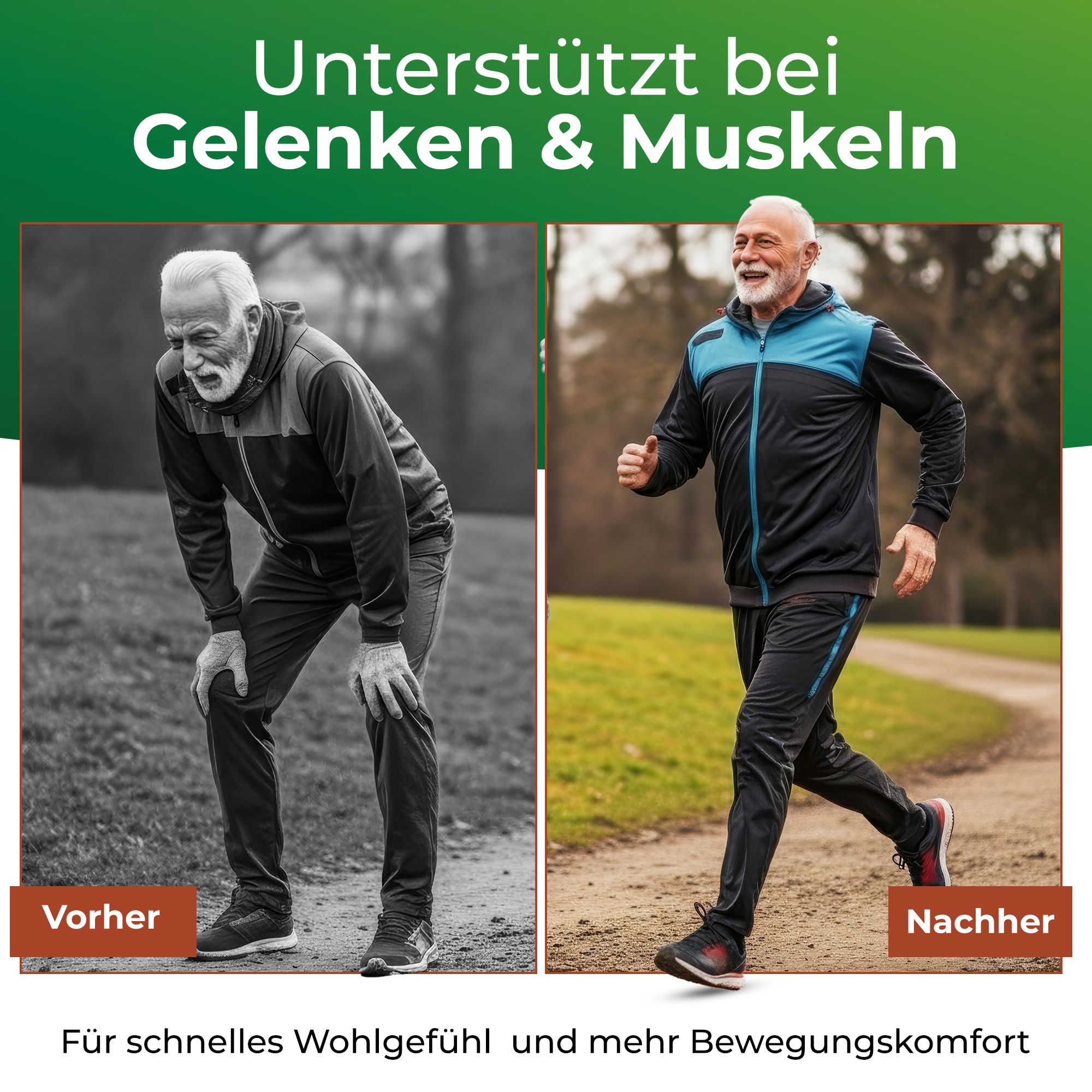 Man voor en na het hardlopen. Tekst: Ondersteunt gewrichten en spieren. Voor welzijn en comfort.