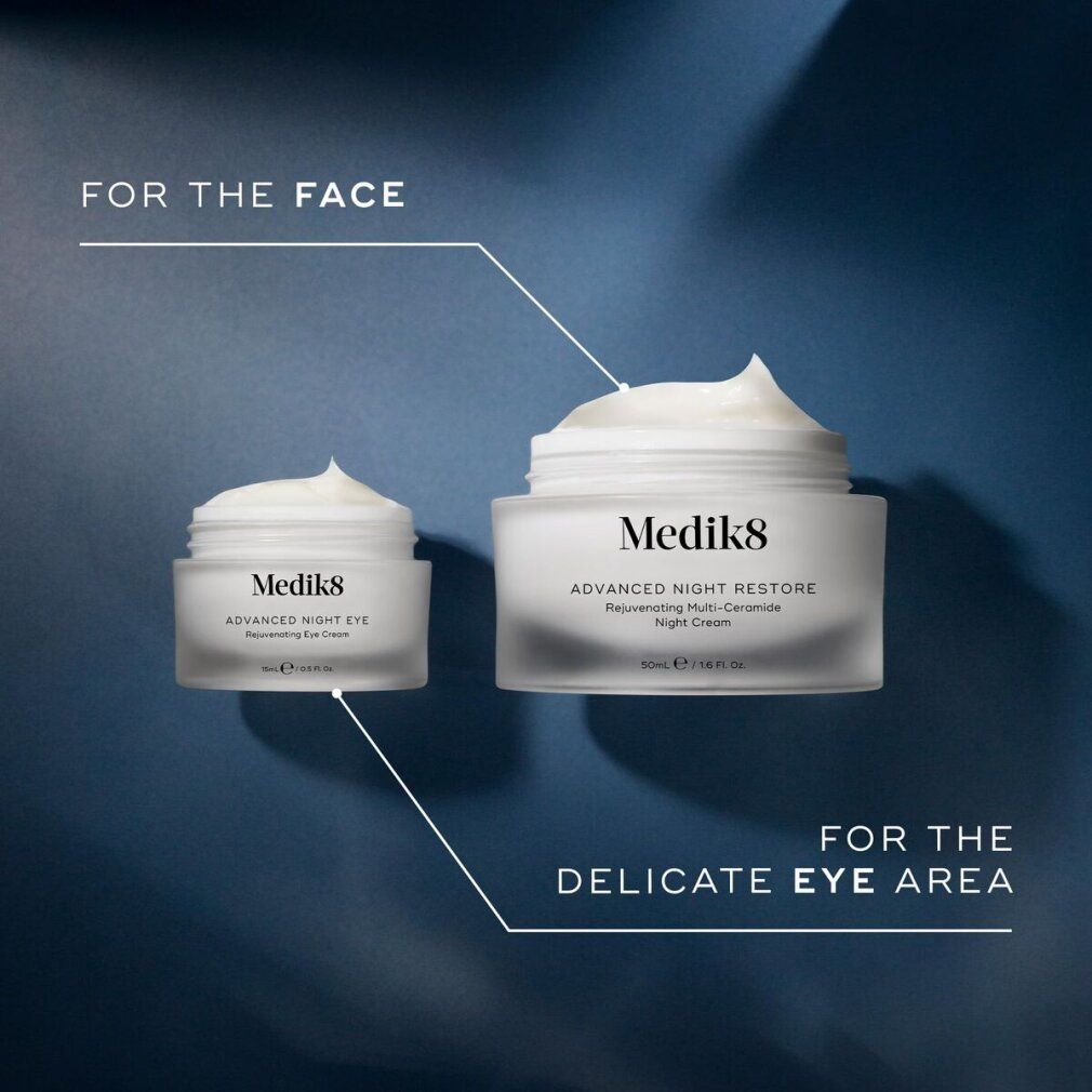 Deux pots Medik8. Petit: Advanced Night Eye. Grand: Advanced Night Restore. Texte: Pour le contour des yeux.