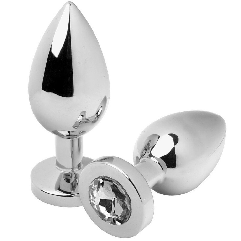 Twee metalen anale plugs. Eén met heldere diamant. Druppelvormige kop, ronde basis. Glanzend oppervlak.