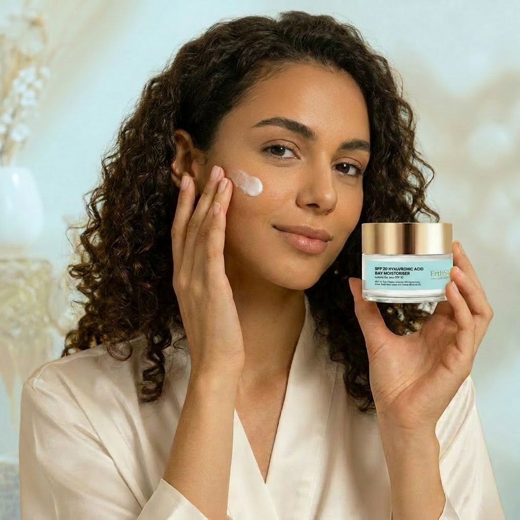 Een vrouw brengt ErthSkin London dagcrème SPF 30 aan. Ze houdt de pot vast, crème op haar wang.