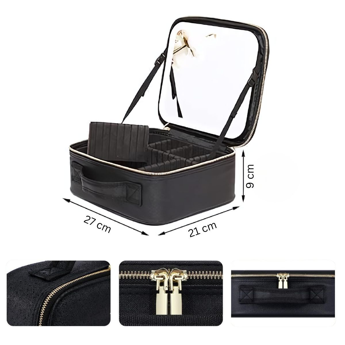 Trousse de maquillage noire avec miroir éclairé, compartiments et porte-pinceaux.