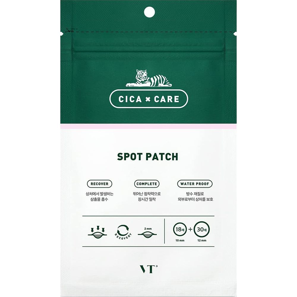 Emballage vert avec texte blanc: Cica x Care, Spot Patch. Logo: Tigre. Contient 18+30 patchs.