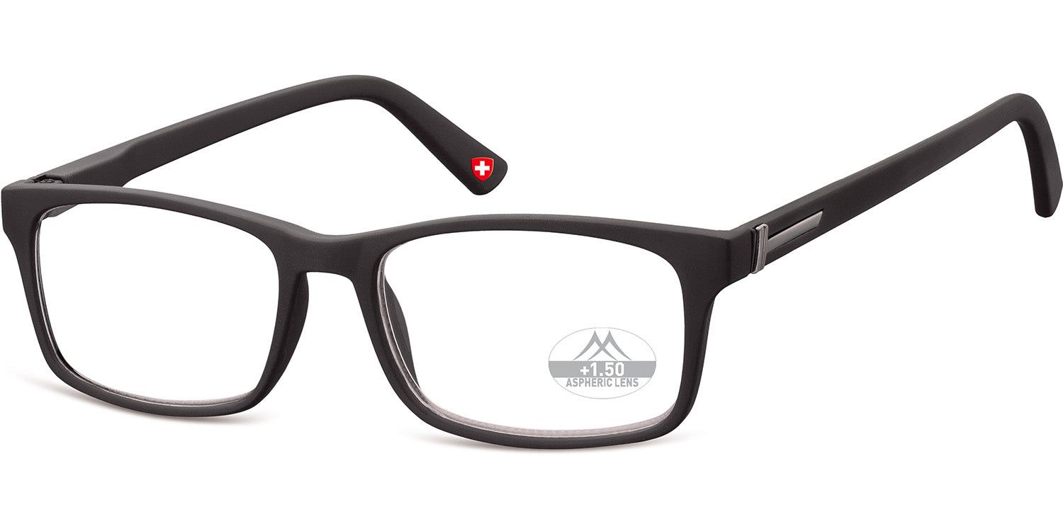 Lunettes noires à verres rectangulaires. Croix rouge sur la branche droite. +1.50 est inscrit sur le verre.
