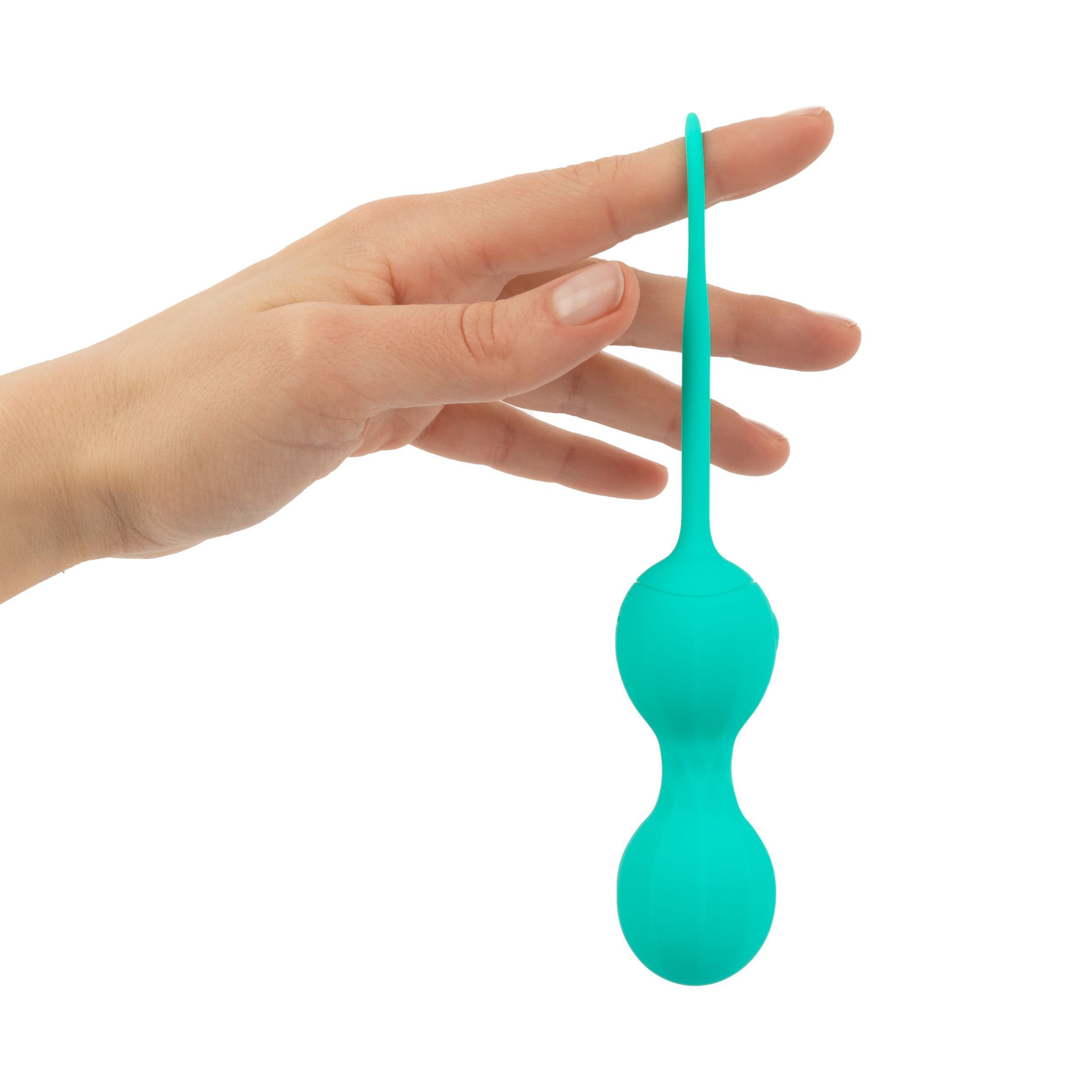 Turkoois wellnessproduct met twee bollen en lus, vastgehouden door een hand.