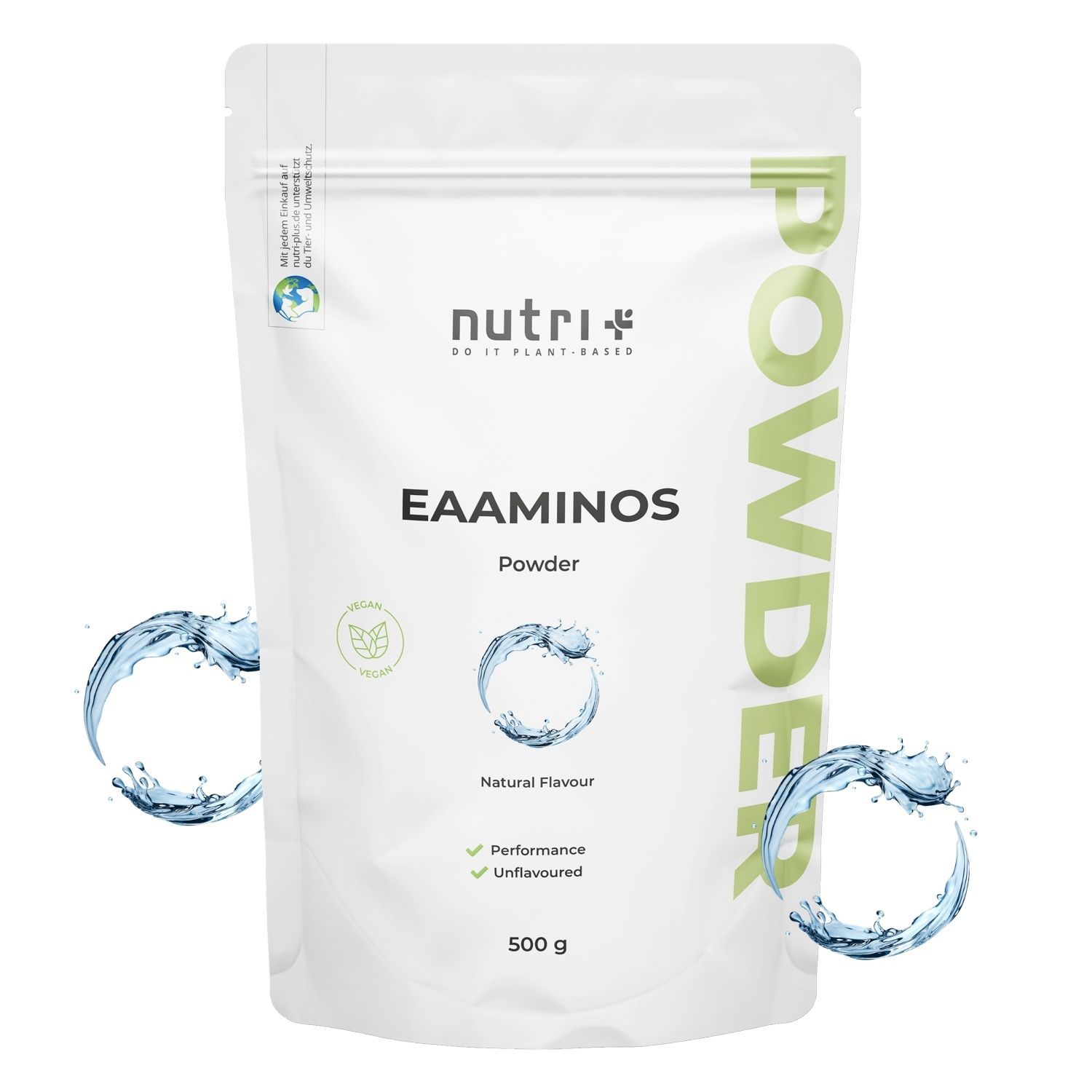 Sachet blanc avec 'EAAAMINOS' et 'Powder'. Logo et graphique d'eau. 500g.