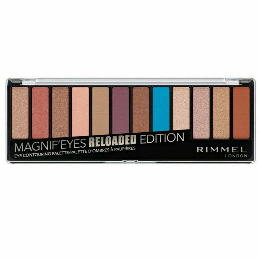 Rimmel Magnif'Eyes Reloaded Edition oogschaduwpalet. 12 tinten in een zwarte verpakking. Tekst: 'Eye Contouring Palette'.
