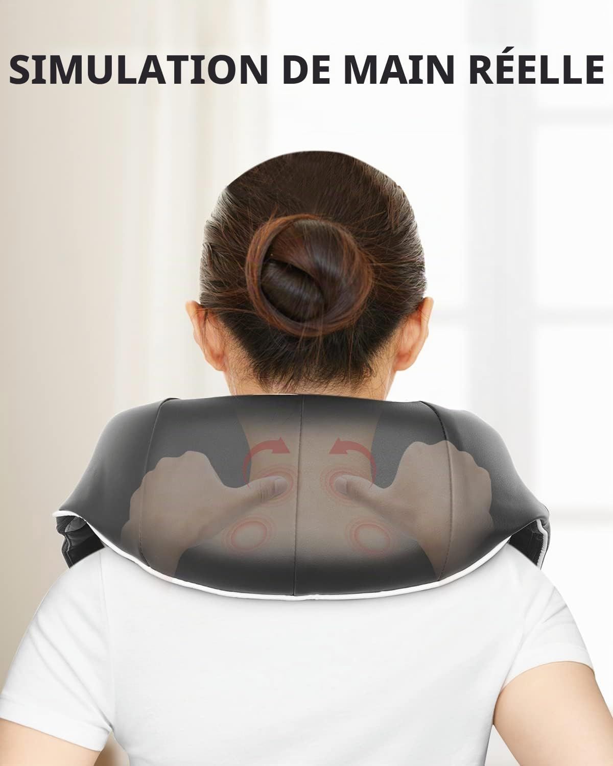Masseur de cou noir avec bordure blanche. Montre des mains simulées massant le cou.