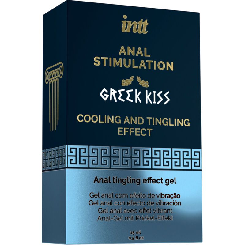 Emballage et flacon du gel INTT Greek Kiss Anal Stimulation à effet rafraîchissant et picotant.