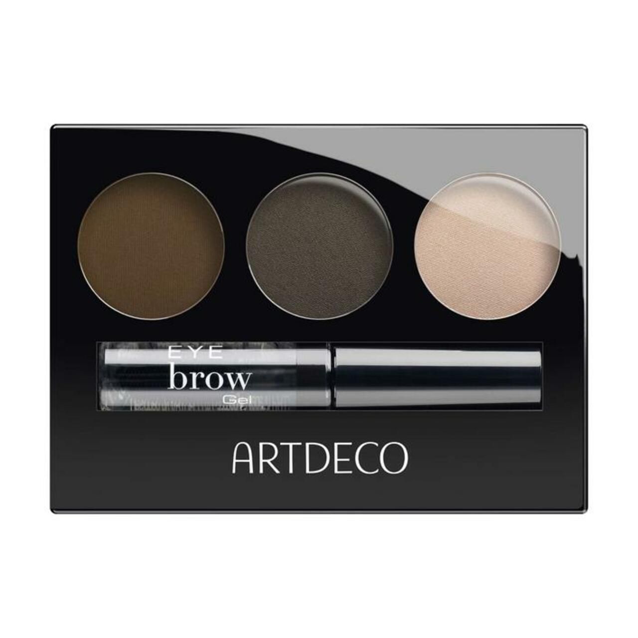 Artdeco wenkbrauwkit. Zwart palet met drie ronde tinten, wenkbrauwgel en penseel.