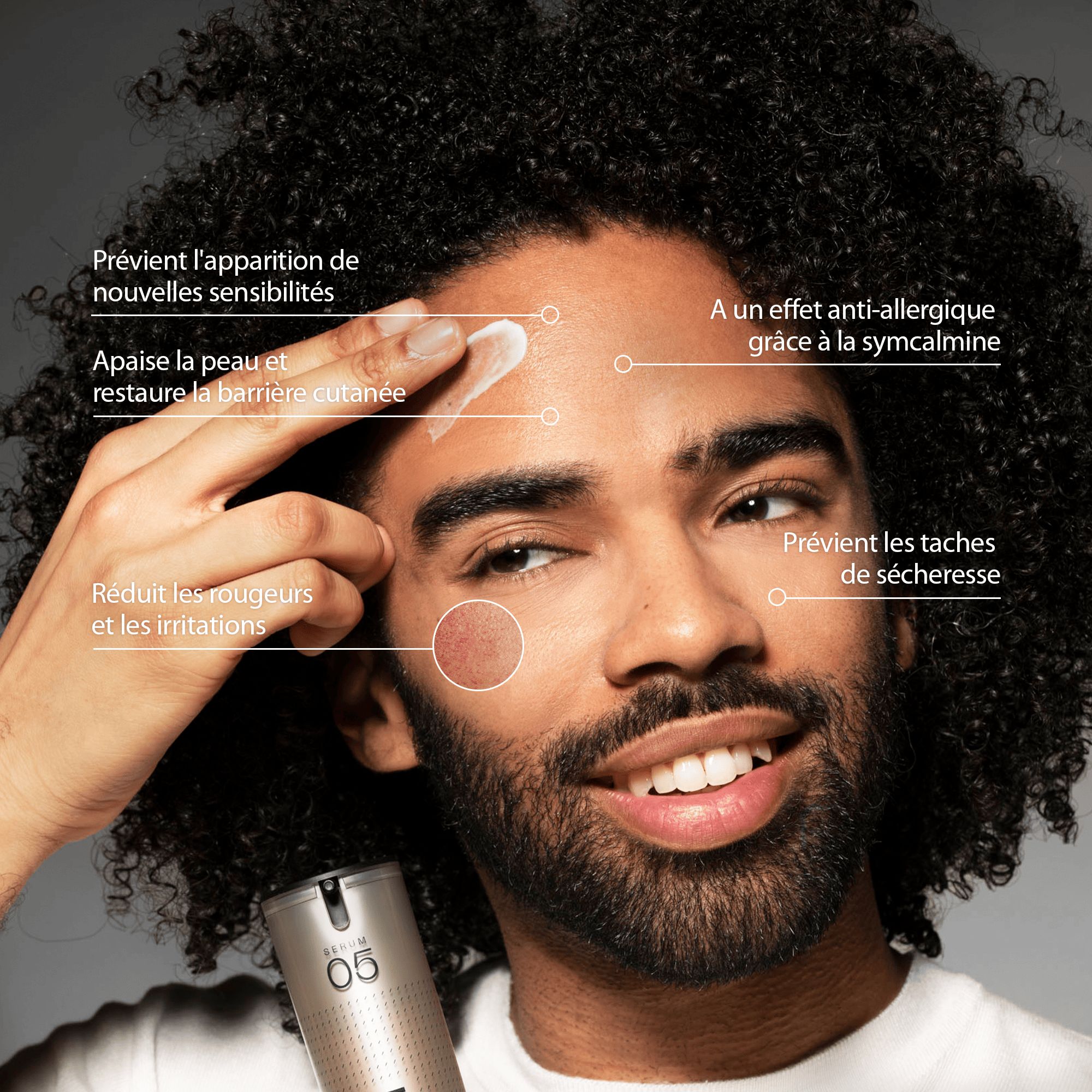 Homme avec Sérum 05. Texte: Prévient les irritations, apaise la peau, réduit les rougeurs, etc. Produit en main.