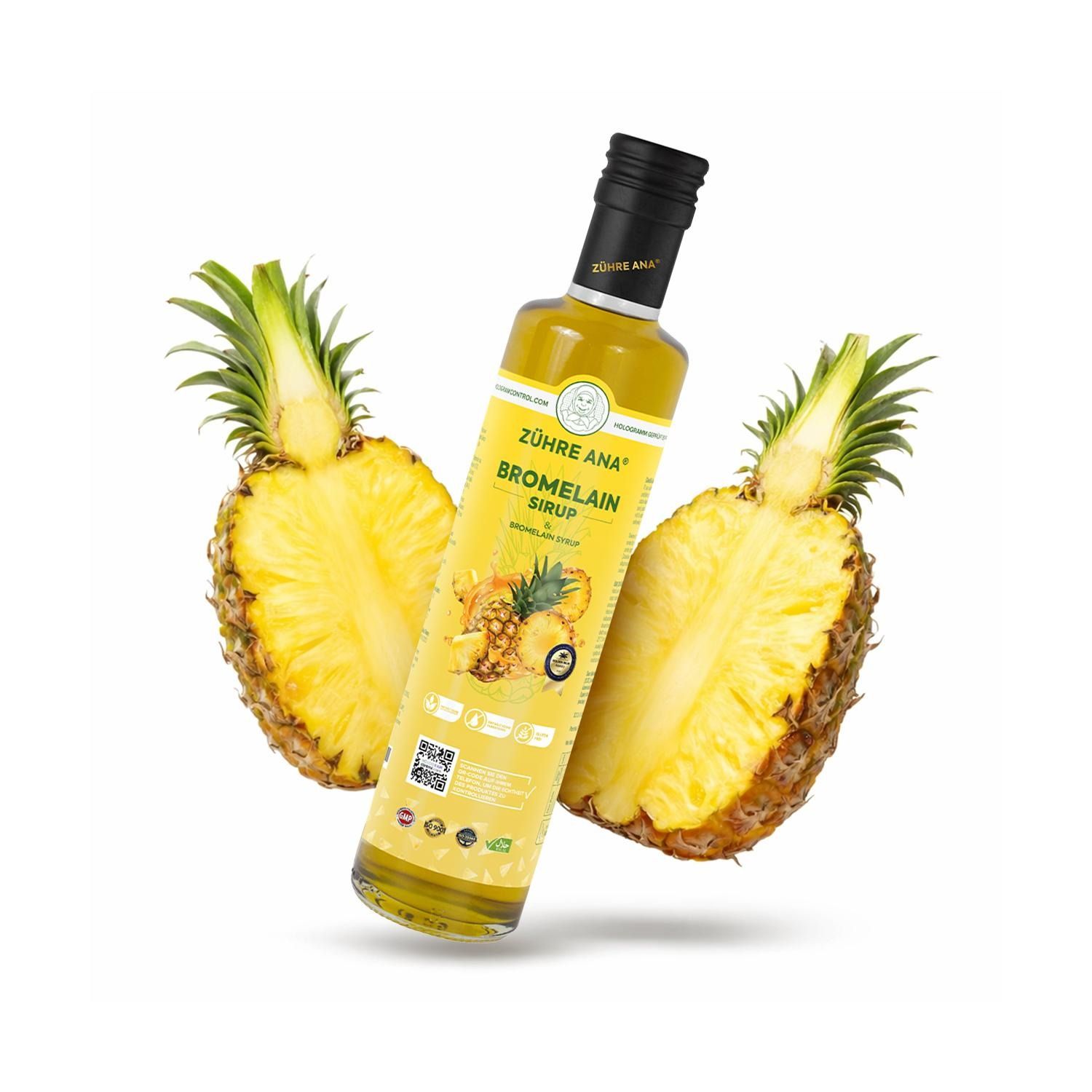 Bouteille de sirop de bromélaïne Zühre Ana entre deux moitiés d'ananas, en lévitation.