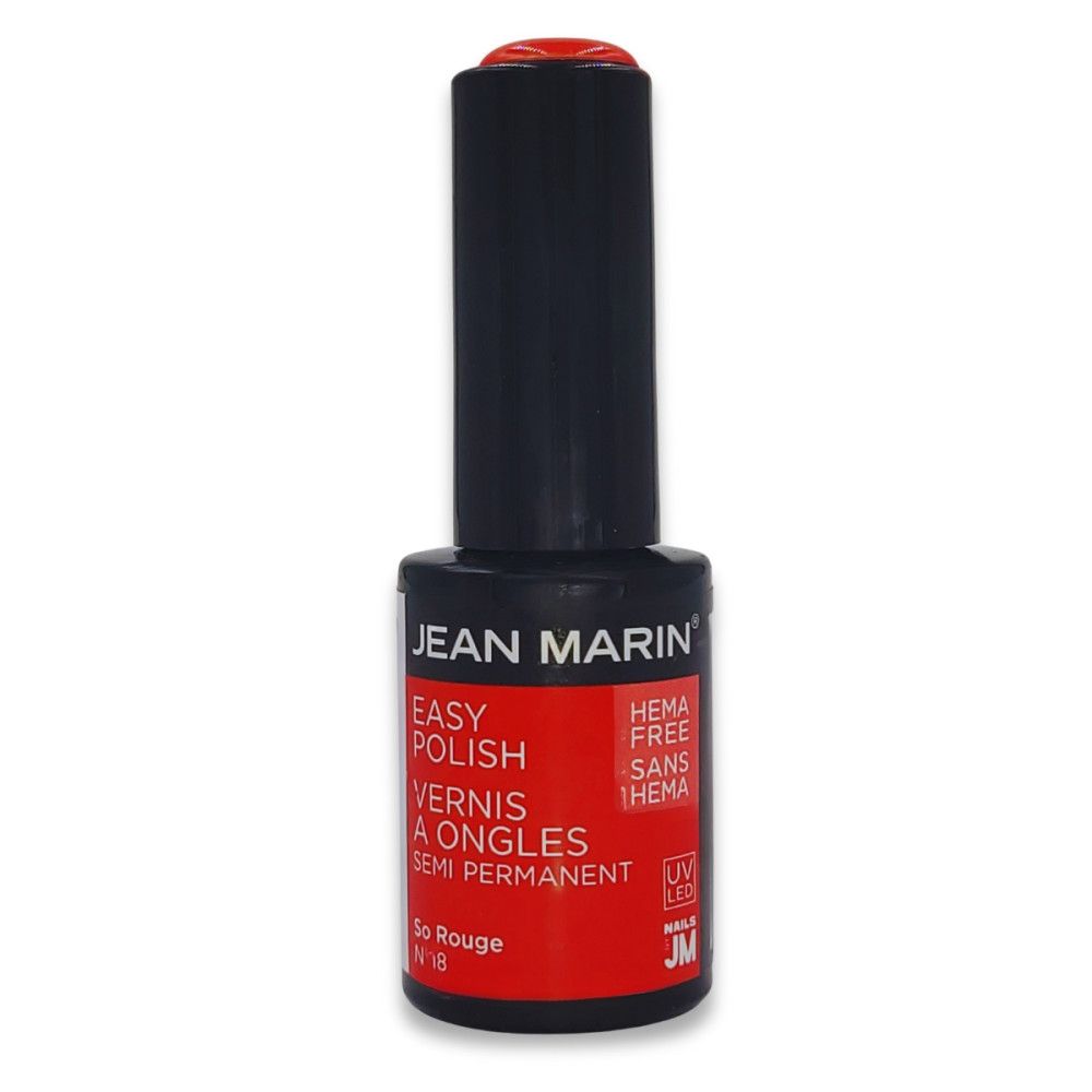 Flacon de vernis à ongles rouge Jean Marin. Bouchon noir, contenu rouge. Inscriptions: Easy Polish, Vernis à Ongles, Semi Permanent, HEMA Free.