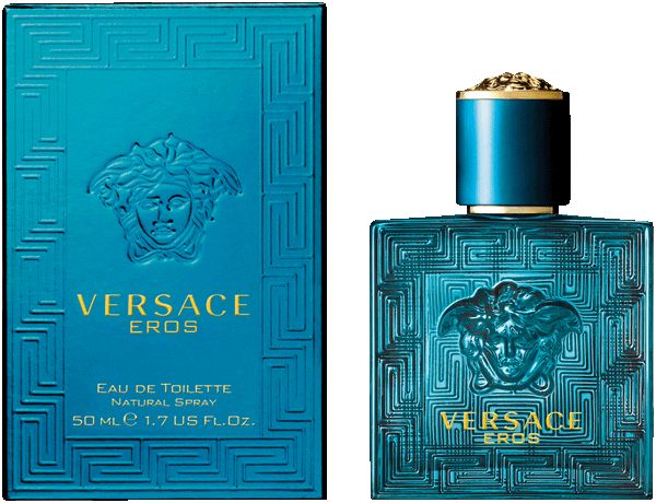 Turquoise fles en doos. Opschrift: VERSACE EROS, Eau de Toilette, Natural Spray. Fles met gouden dop.
