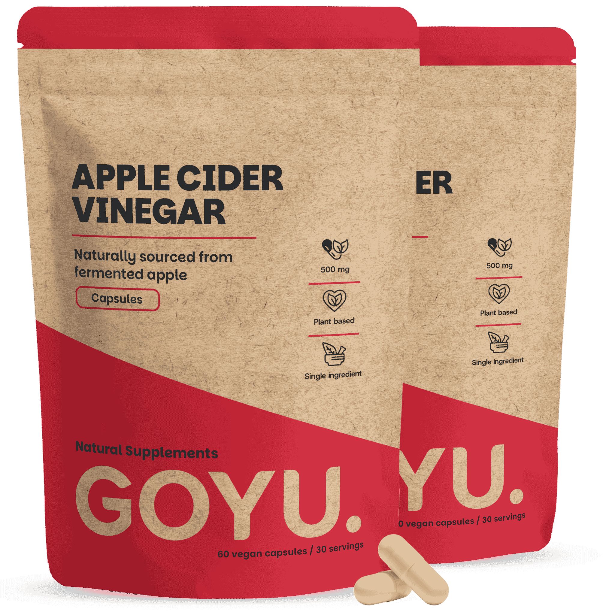 Deux paquets de capsules de vinaigre de cidre de pomme, l'un devant, l'autre légèrement décalé. Sachets marron avec inscription rouge.