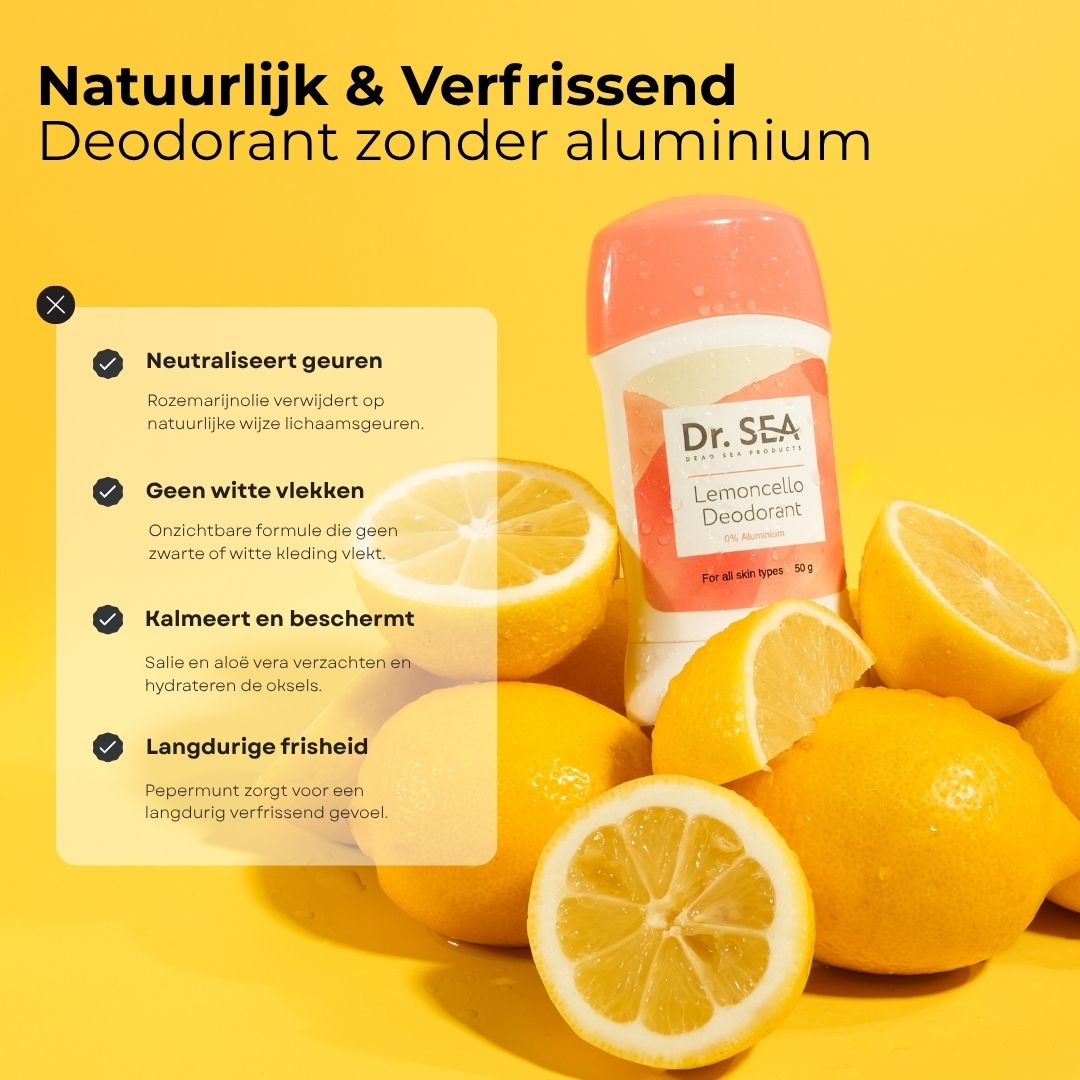Gele achtergrond met citroenen en deodorantstick. Tekst: Natuurlijk & Verfrissend. Deodorant zonder aluminium. Voordelen.