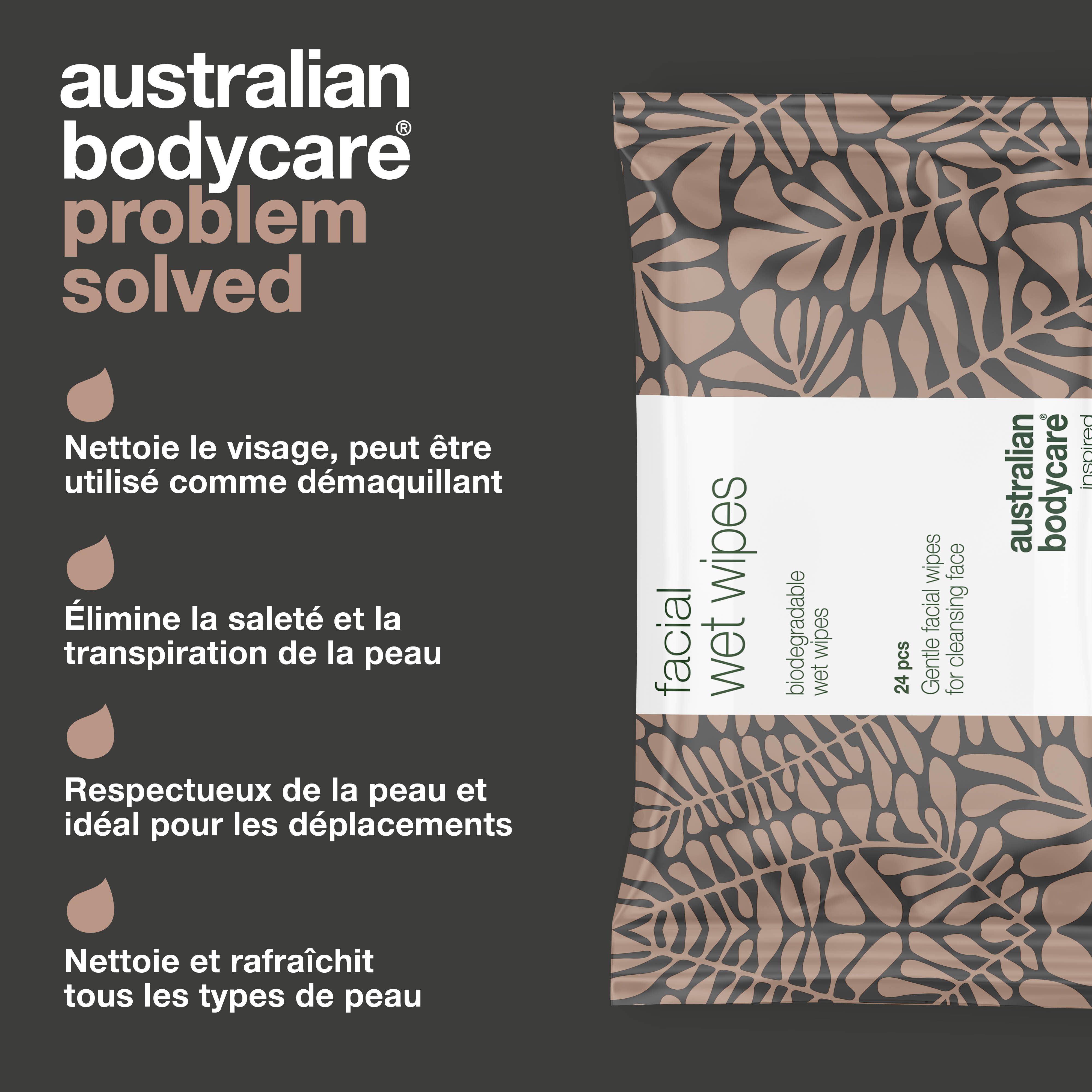Paquet de lingettes. Texte: Australian Bodycare, Facial Wet Wipes, 24 pièces. Avantages: nettoie, élimine la saleté, pratique en voyage.
