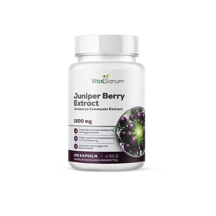 Witte fles met capsules. Opschrift: VitaSanum, Juniper Berry Extract, 1200 mg. Illustratie van jeneverbessen. 100 capsules.