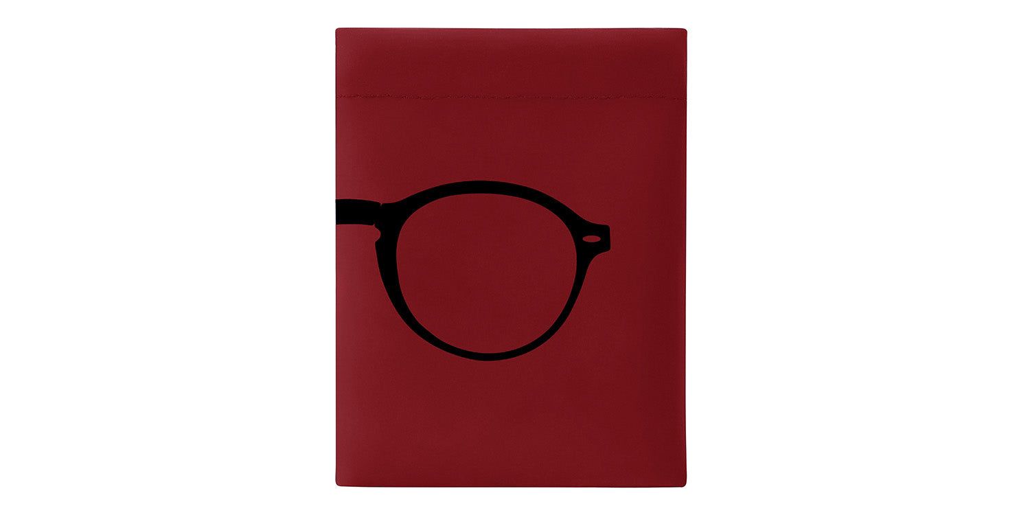 Étui rouge avec silhouette de lunettes noire. Forme rectangulaire. Forme de lunettes avec verres ronds.
