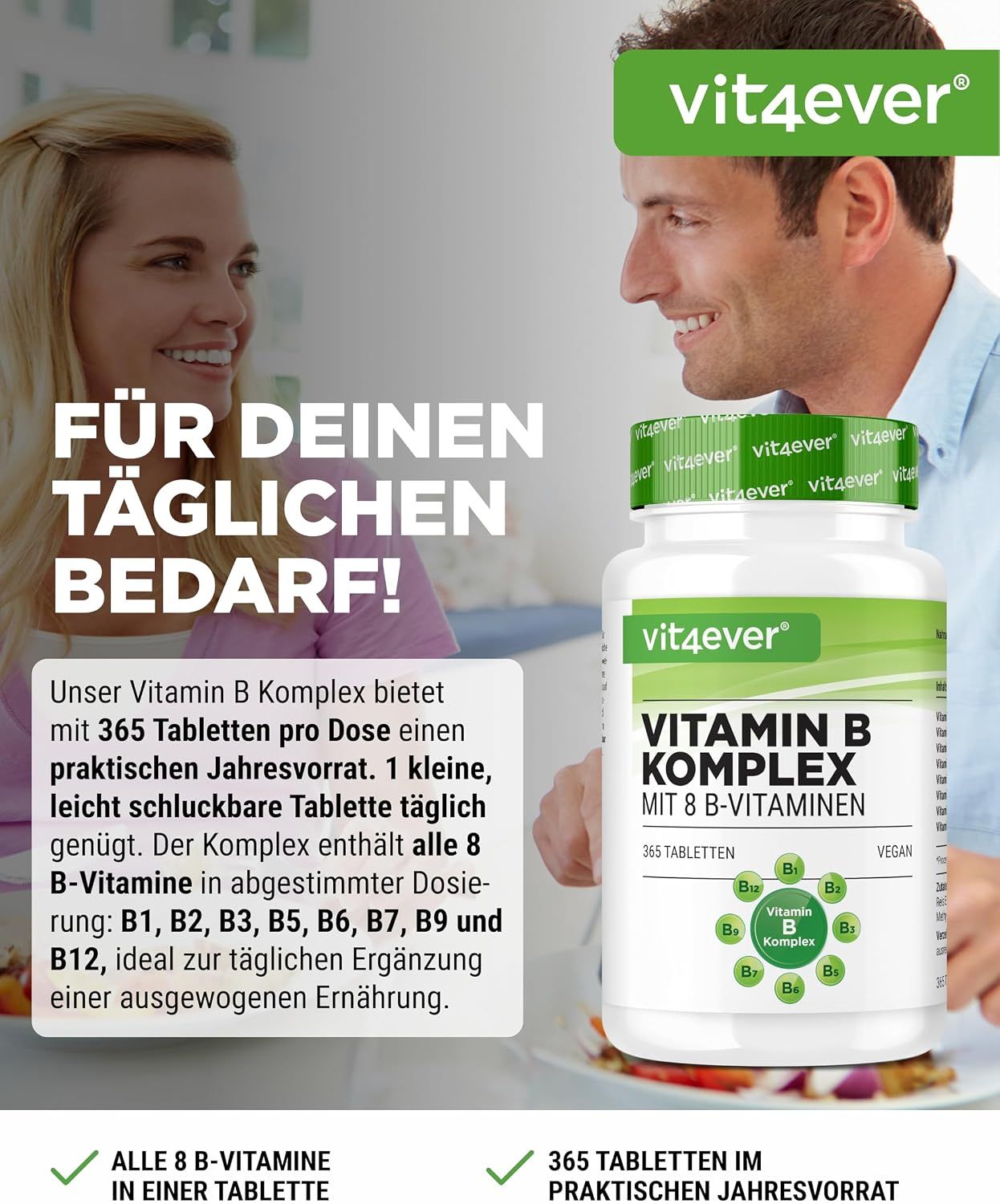 Man en vrouw glimlachen, Vit4ever Vitamine B Complex fles op de voorgrond.