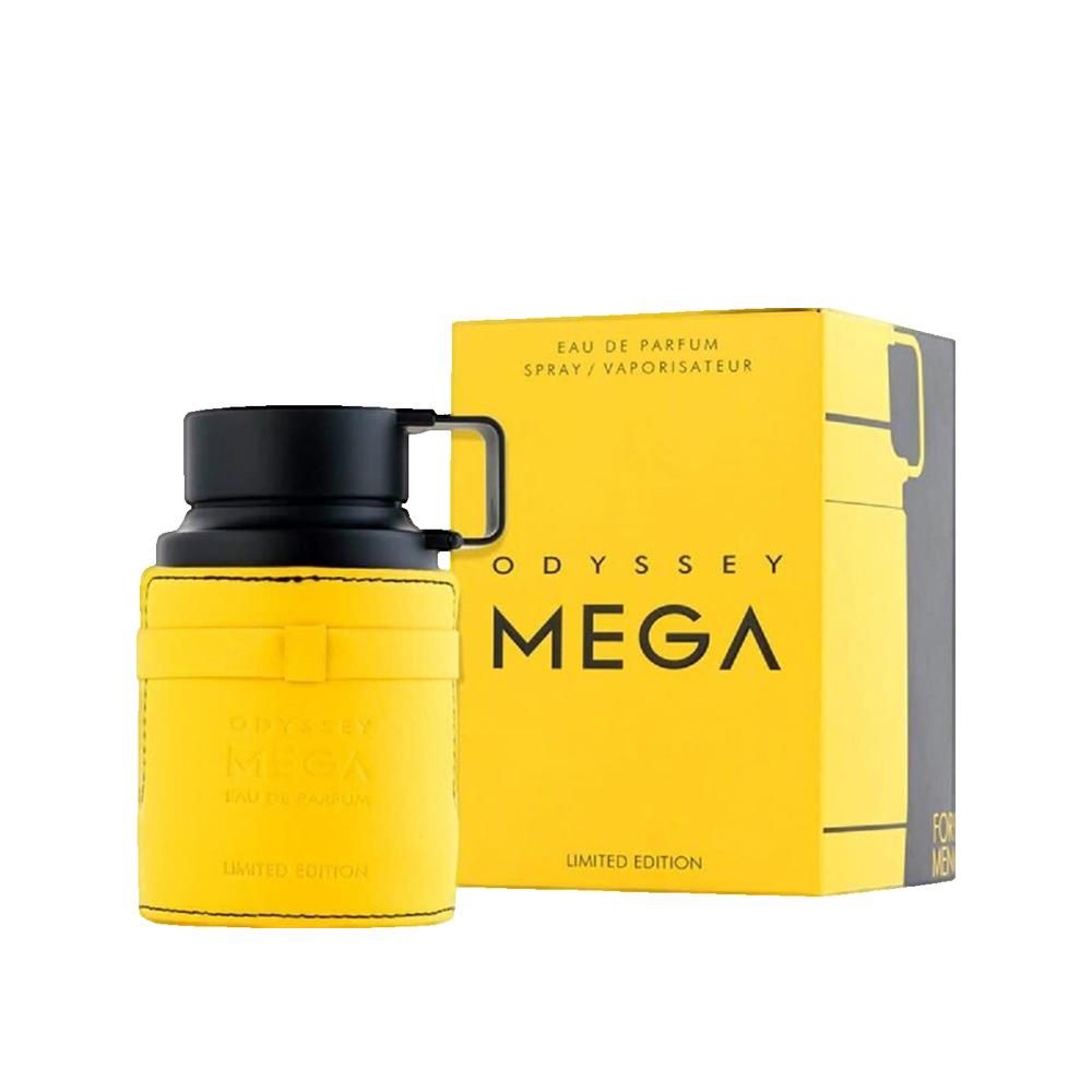 Flacon jaune avec bouchon et poignée noirs, à côté d'une boîte jaune. Inscription MEGA et Édition Limitée.