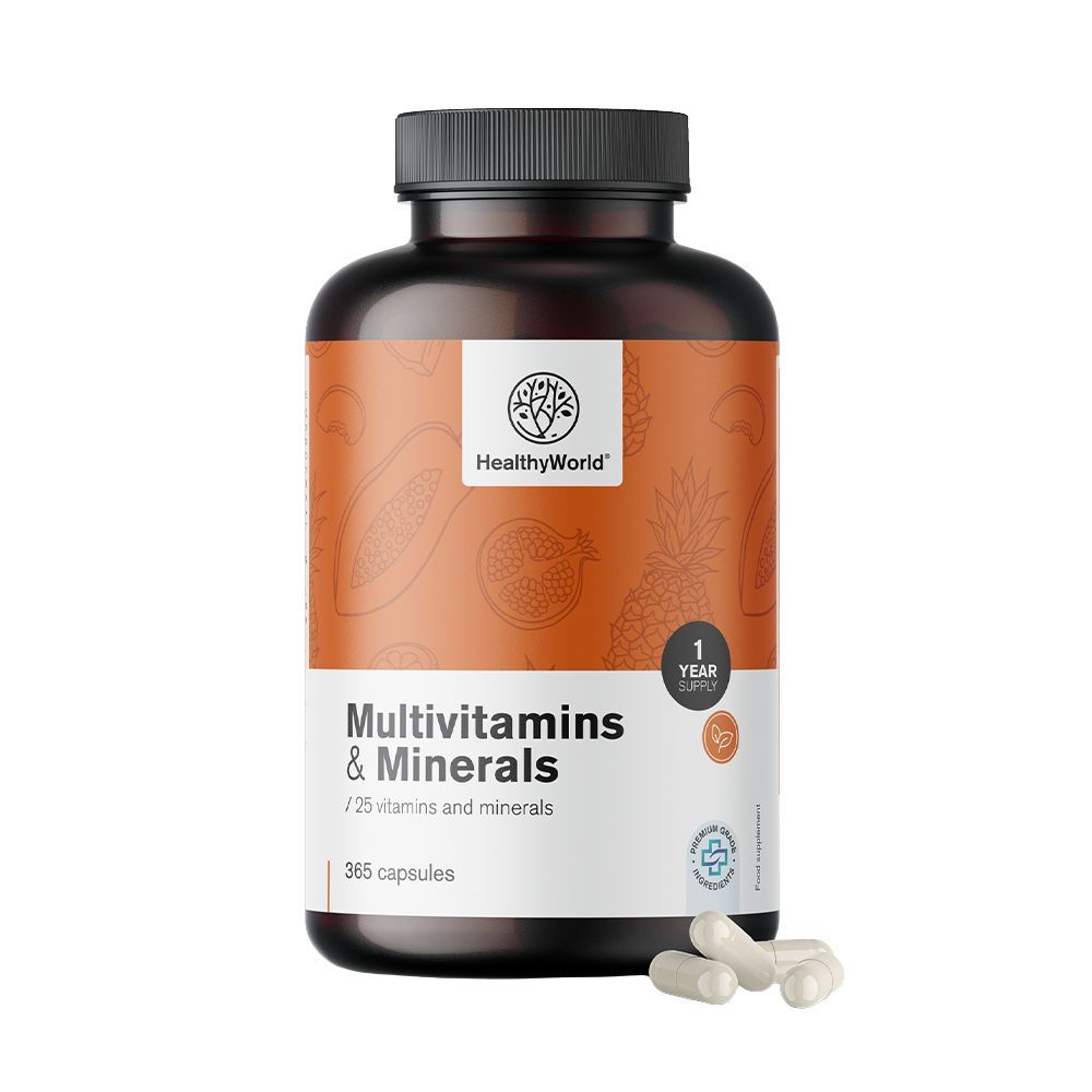 Bruine fles met witte capsules. Opschrift: Multivitamine & Mineralen, 365 capsules. Logo: HealthyWorld. Met zegel.