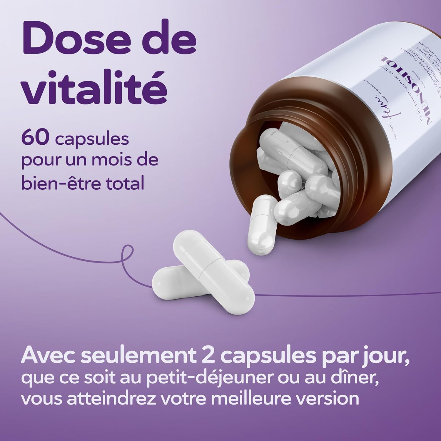Flacon de capsules brun avec des capsules blanches, certaines à côté.
