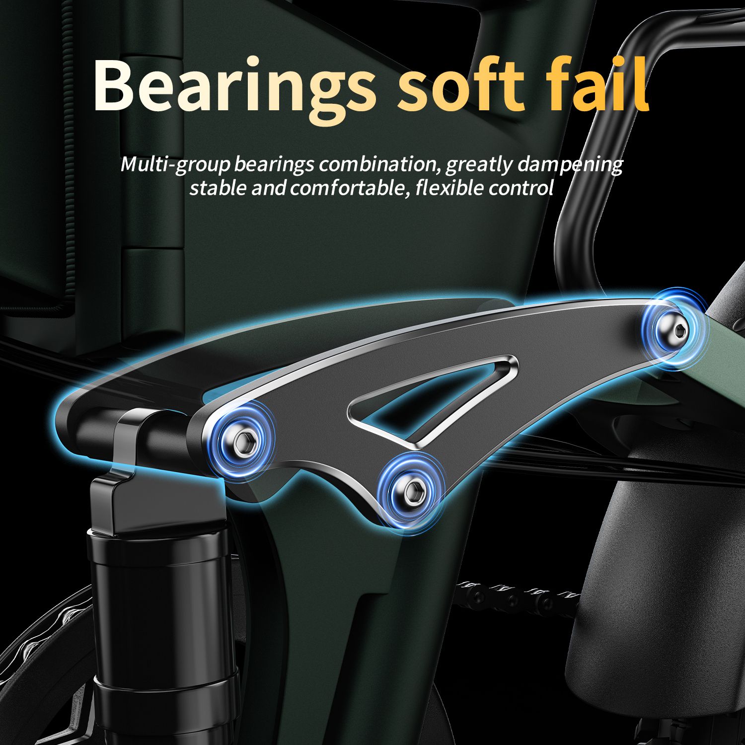 Gros plan sur les roulements d'un vélo électrique vert. Texte : "Bearings soft fail".