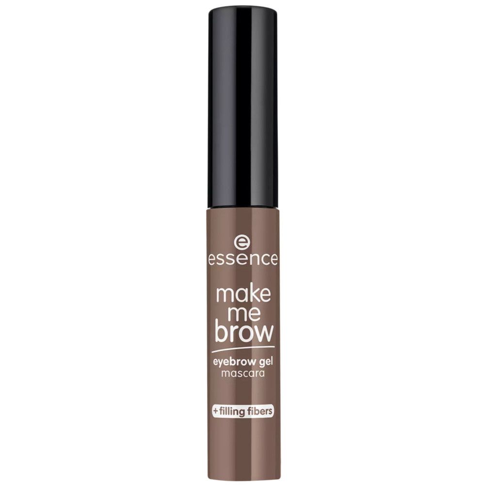 Wenkbrauwgel mascara met zwarte dop. Opschrift: make me brow, eyebrow gel mascara, + filling fibers.