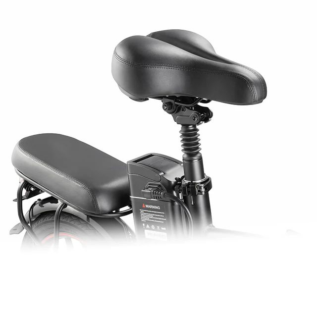 Close-up van het zadel en de batterij van een zwarte e-bike. Vering onder het zadel.