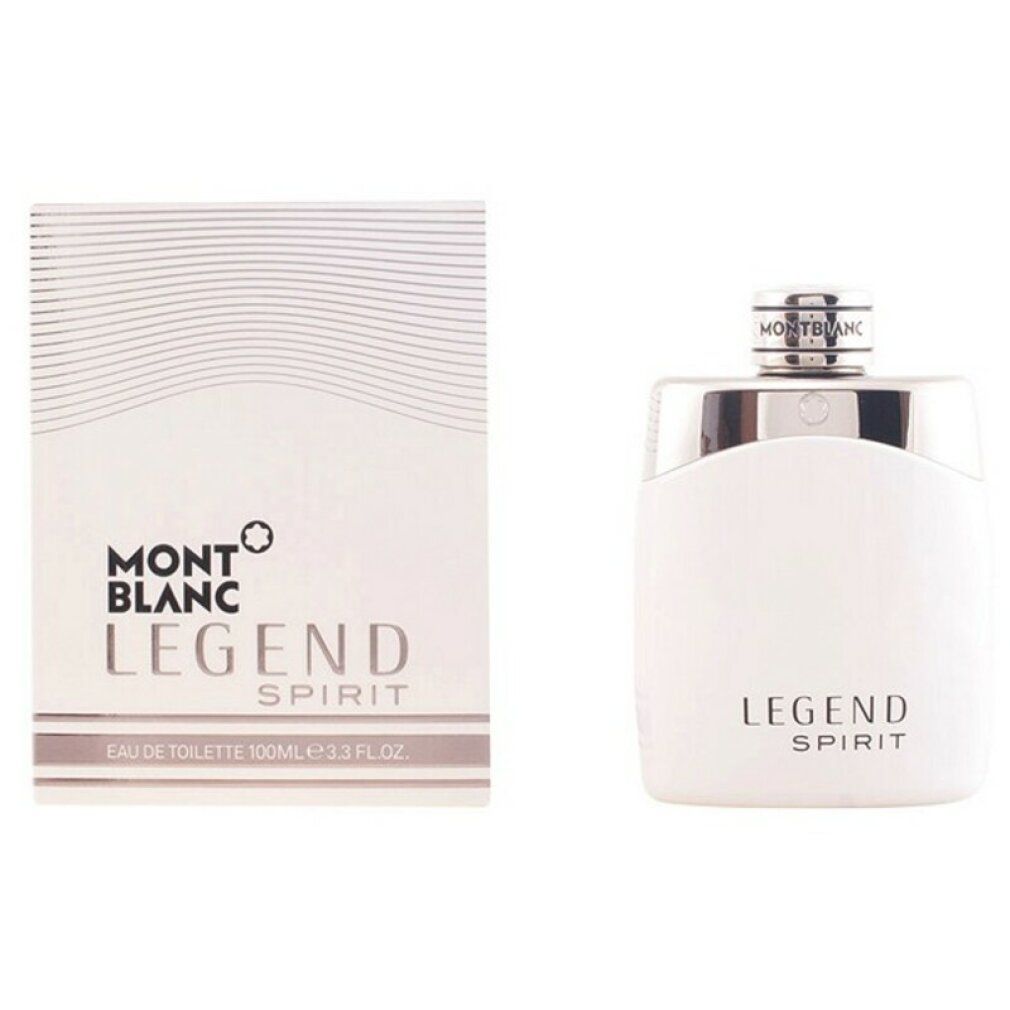 Flacon blanc d'Eau de Toilette et son emballage. Flacon avec détail argenté et bouchon. Inscription 'LEGEND SPIRIT'.