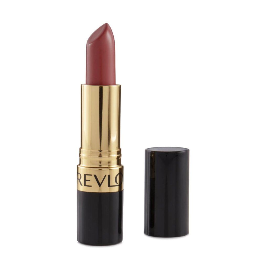 Rouge à lèvres avec capuchon ouvert. Corps doré, base noire. Marque REVLON.