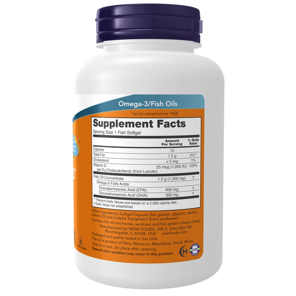 Dos d'un flacon blanc, bouchon bleu. Informations nutritionnelles. NOW Ultra Omega 3-D™. Gélules d'huile de poisson. Ingrédients. Fabriqué aux États-Unis.