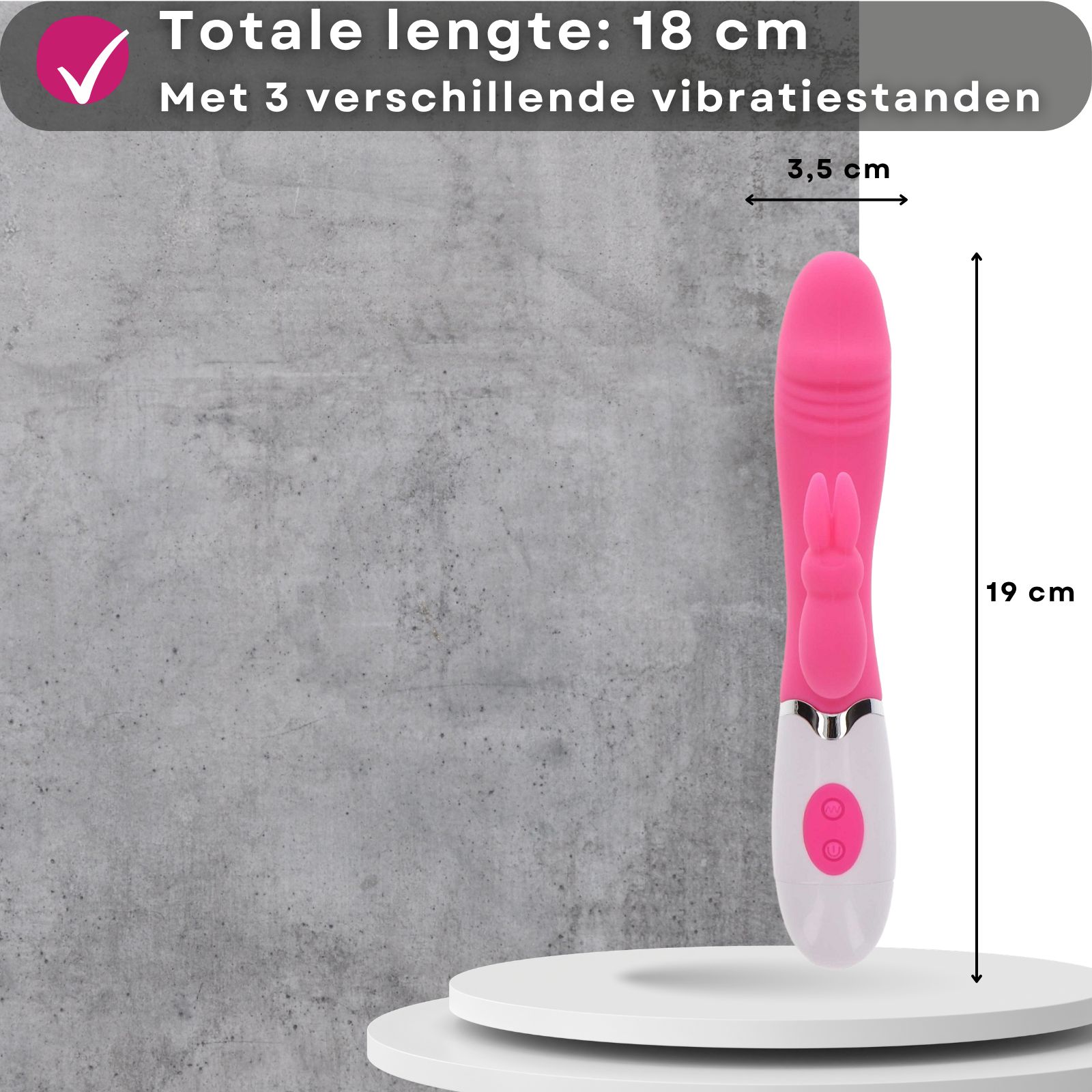 Roze vibrator met konijn-design. Vereist 2 AAA-batterijen, niet inbegrepen. Hart-silhouet op de achtergrond.