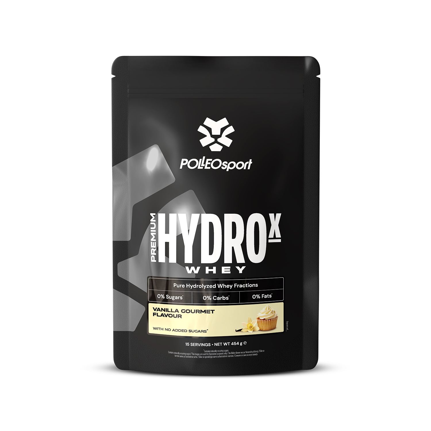 Zwarte zak "HYDROX Whey". Vanillesmaak, 0% suiker. Merk Polleo Sport. Bevat 15 porties.