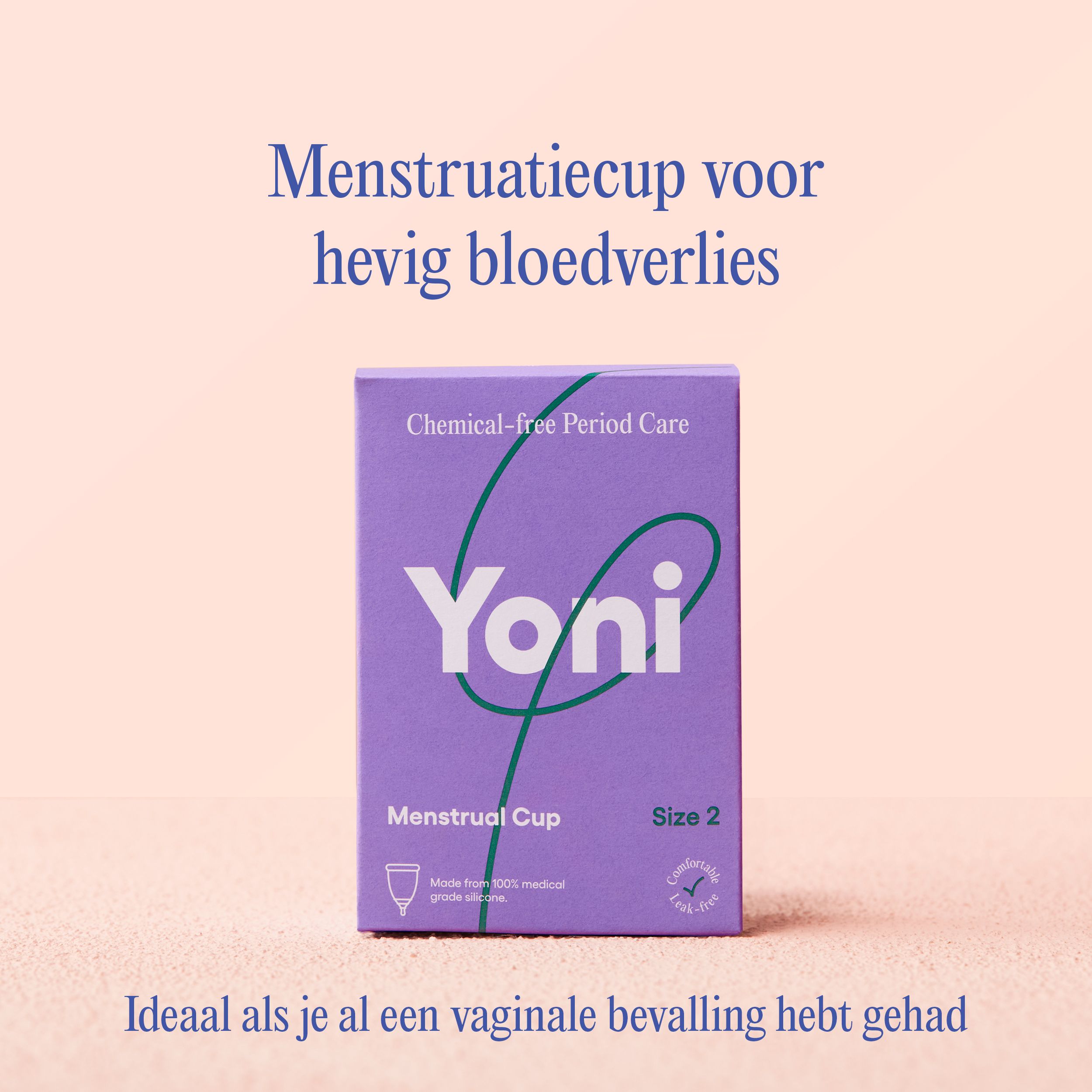 Yoni menstruatiecup, maat 2, in paarse verpakking, met tekst over hevige bloedingen en vaginale bevalling.