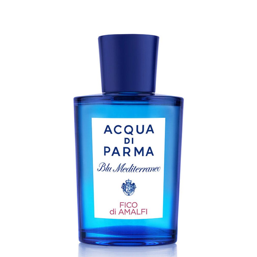 Blauw parfumflesje met blauwe dop. Opschrift: Acqua Di Parma, Blu Mediterraneo, Fico Di Amalfi. Eau de Toilette.