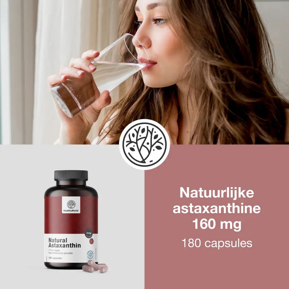 Vrouw drinkt water. Fles met capsules. Opschrift: Natuurlijke astaxanthine 160 mg, 180 capsules. Merk: HealthyWorld.