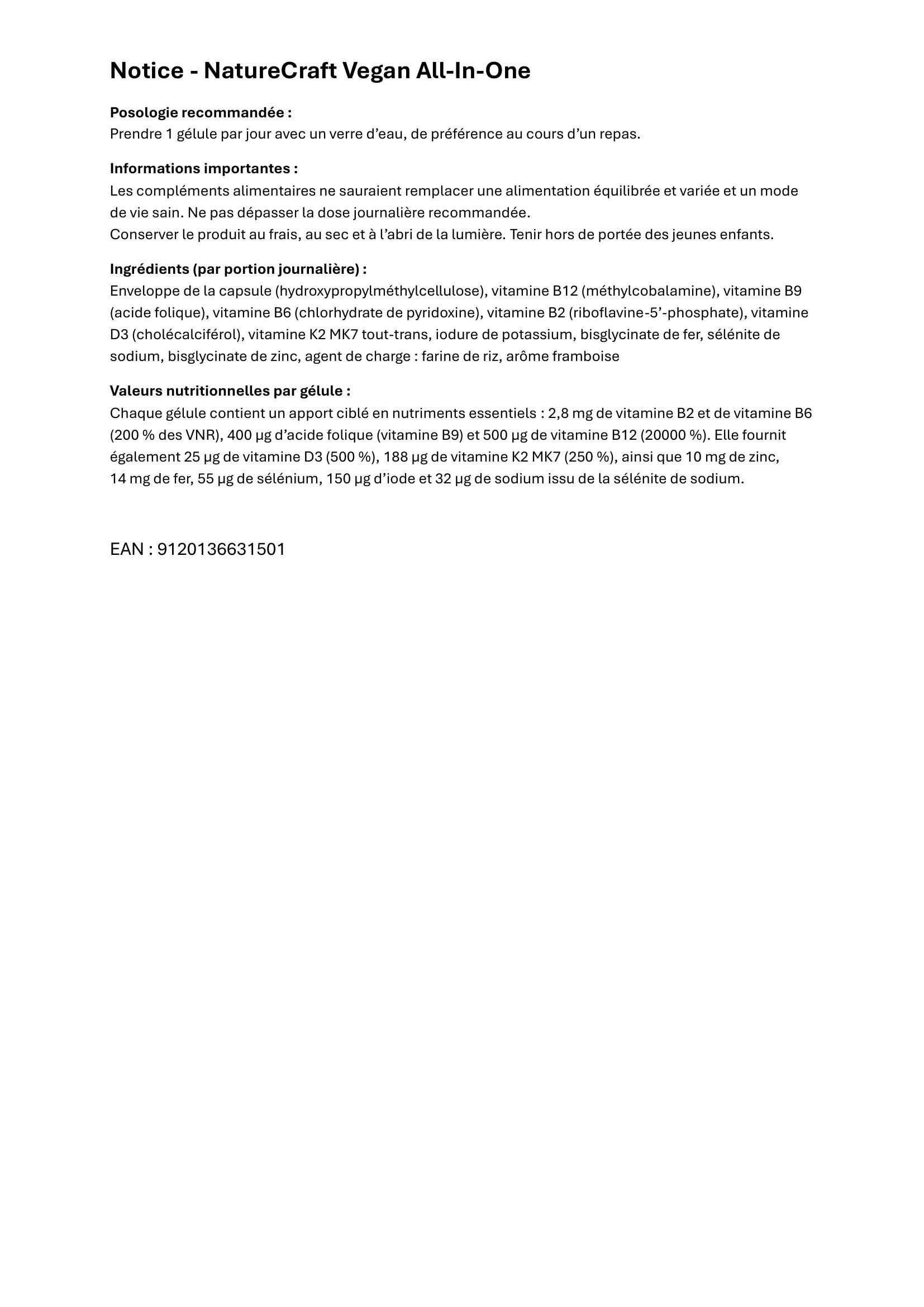Notice pour NatureCraft Vegan All-In-One. Contient posologie, ingrédients et informations nutritionnelles.