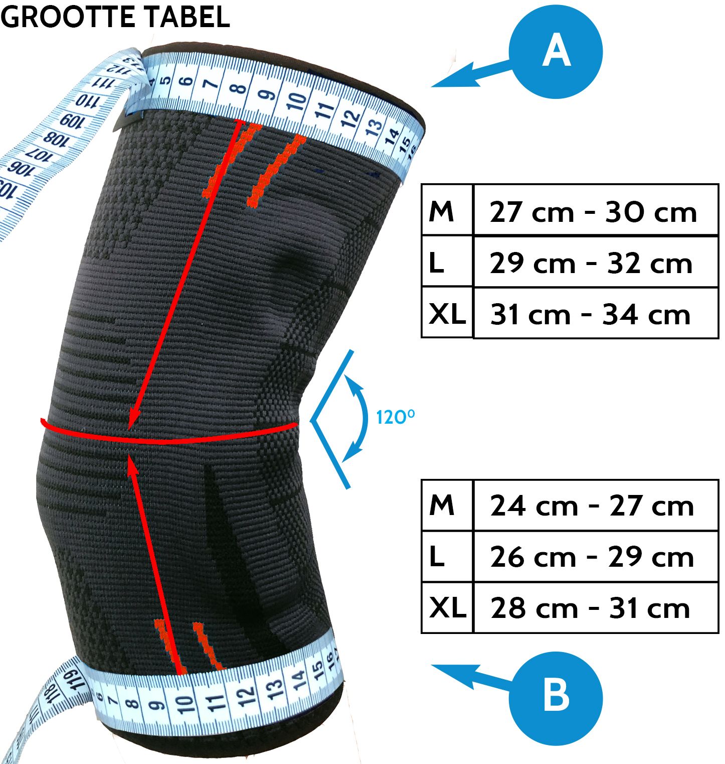 Maattabel voor elleboogbrace. Maten in cm voor M, L, XL. Hoek van 120 graden.
