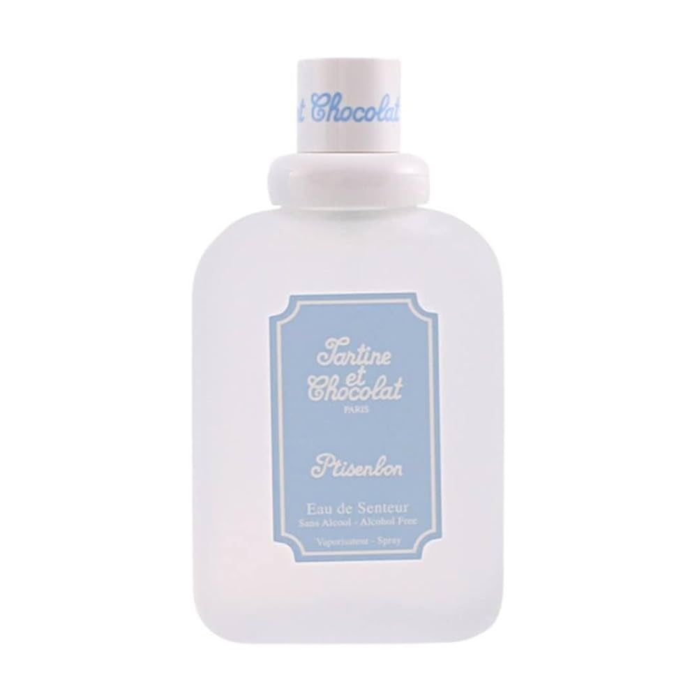 Witblauwe fles met opschrift « Tartine et Chocolat ». Opschrift « Eau de Senteur ». Alcoholvrij.